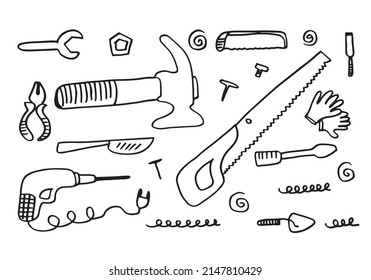 Working construction tools doodles collection on white background,