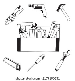 Working construction tools doodles collection on white background
Tools Repair Doodle Icons. Traditional Vector Sketch. Hand drawn Illustration.