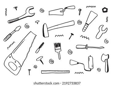 Working construction tools doodles collection on white background,