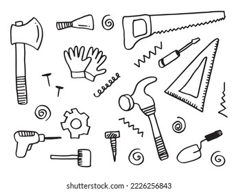 Working construction tools doodles collection on white background