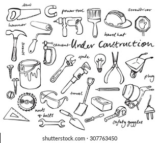 Working construction tools doodles collection