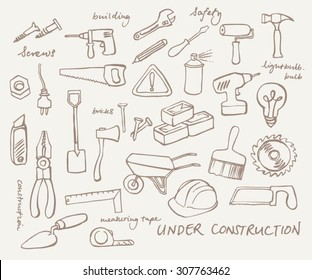 Working construction tools doodles collection