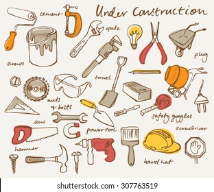 Working construction tools doodles collection