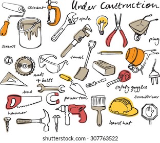 Working construction tools doodles collection