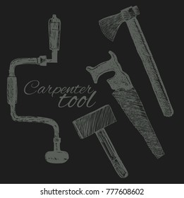 Working construction tools, set hand drawn doodle illustrations