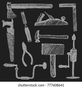 Working construction tools, set hand drawn doodle illustrations