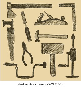 Working construction tools, set hand drawn doodle illustrations