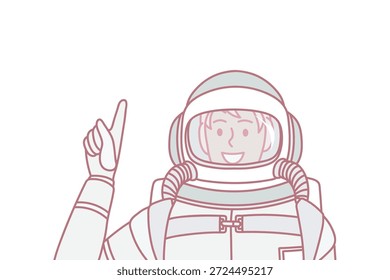 Trabalhando como conceito de cosmonauta e astronauta. Homem sorridente cosmonauta em traje protetor especial de pé e mostrando dedo sentindo confiante e excitado ilustração vetor