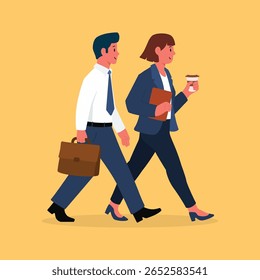 Working Couple Walking to Office – Flat Vector Illustration of Businessman and Businesswoman in Formal Attire