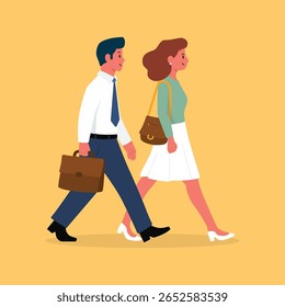 Casal de trabalho caminhando juntos - Ilustração de vetor plana de um homem profissional e mulher na rotina matinal