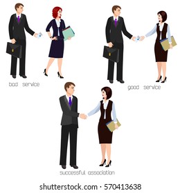 Working with the customer good service and bad. Successful cooperation. Business man or client and business woman handshake making a deal, successful partnership.