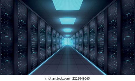 Working data center. Futuristic poster or banner for website. Innovations, modern technologies and digital world. Server and wireless connection, internet. Realistic isometric vector illustration