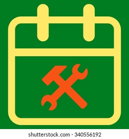 Working Date vector icon. Style is bicolor flat symbol, orange and yellow colors, rounded angles, green background.