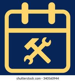 Working Date vector icon. Style is flat symbol, yellow color, rounded angles, blue background.