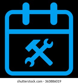 Working Date vector icon. Style is flat symbol, blue color, rounded angles, black background.
