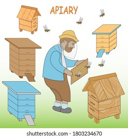Working day in the apiary. The beekeeper is collecting the honey. There are hives and bees flying around