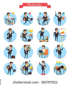 Working day busy template vector collection on white. Man work hard during day, earns money, present charts, have lunch, get ideas, win and exhausted dreams about holidays on tropical beach.