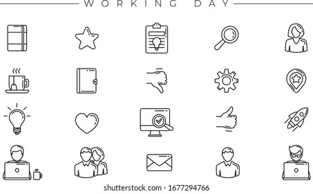 Working Day concept line style vector icons set