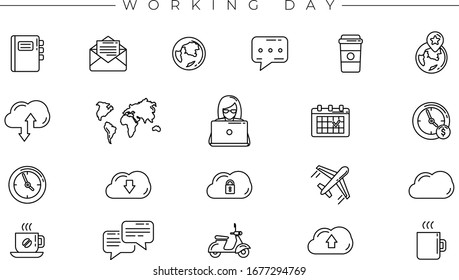 Working Day concept line style vector icons set