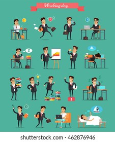 Working day concept set. Vector in flat style. Businessman in office work situations. Planning, browsing, calling, dreaming, sleeping, break, victory, paper work, hurry, fatigue, stress illustrations.