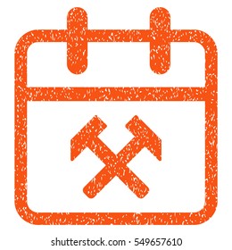Working Day grainy textured icon for overlay watermark stamps. Flat symbol with dust texture. Dotted vector orange ink rubber seal stamp with grunge design on a white background.