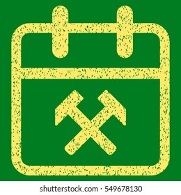 Working Day grainy textured icon for overlay watermark stamps. Flat symbol with dust texture. Dotted vector yellow ink rubber seal stamp with grunge design on a green background.