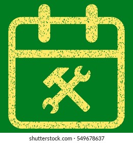 Working Day grainy textured icon for overlay watermark stamps. Flat symbol with scratched texture. Dotted vector yellow ink rubber seal stamp with grunge design on a green background.