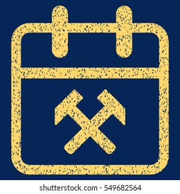 Working Day grainy textured icon for overlay watermark stamps. Flat symbol with scratched texture. Dotted vector yellow ink rubber seal stamp with grunge design on a blue background.