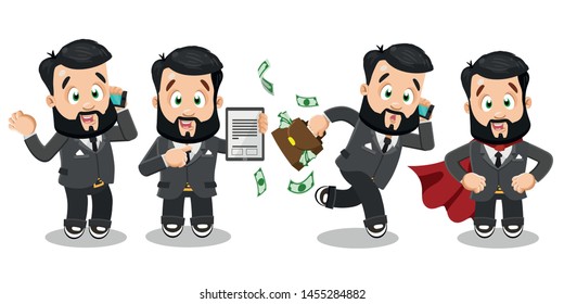 Working day highlights of confident bearded businessman in formal suit performing tasks. Vector set with superman. Successful man speaking by phone, pointing to clipboard, running with lots of money.