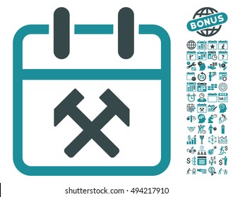 Working Day icon with bonus calendar and time management graphic icons. Vector illustration style is flat iconic bicolor symbols, soft blue colors, white background.