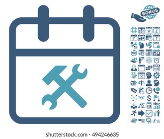 Working Day icon with bonus calendar and time management icon set. Vector illustration style is flat iconic bicolor symbols, cyan and blue colors, white background.