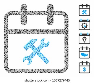 Working day icon composition of inequal items in variable sizes and color tones, based on working day icon. Vector uneven items are composed into collage.