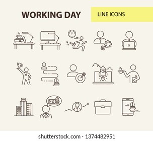 Working day line icon set. City center, manager, office worker. Business concept. Can be used for topics like work, routine, startup