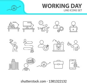 Working day line icon set. City center, manager, office worker. Business concept. Can be used for topics like work, routine, startup