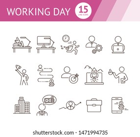 Working day line icon set. City center, manager, office worker. Business concept. Can be used for topics like work, routine, startup