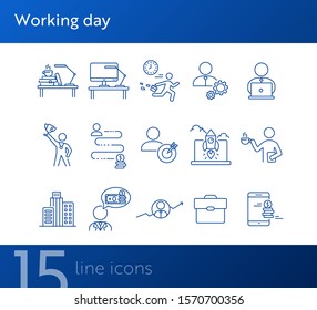 Working day line icon set. City center, manager, office worker. Business concept. Can be used for topics like work, routine, startup