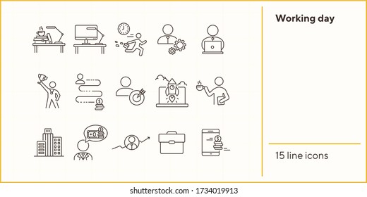 Working day line icon set. City center, manager, office worker. Business concept. Can be used for topics like work, routine, startup