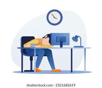 Working day in office. Cartoon faceless man fell asleep in front of computer with cup of coffee in his hand. Vector flat style illustration on white background