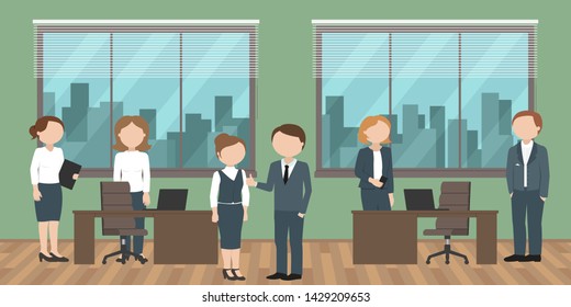 Working day in office. Employees talking to each other. Vector illustration.