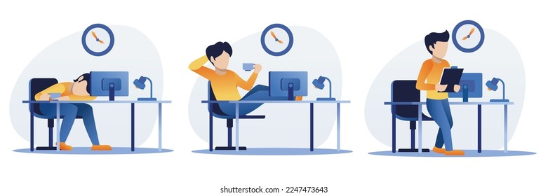 Working day in office. Man fell asleep in front of computer with cup of coffee in his hand. Guy relax with coffee on work place. character goes to meeting. Vector illustration