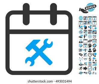 Working Day pictograph with bonus calendar and time management clip art. Vector illustration style is flat iconic bicolor symbols, blue and gray colors, white background.