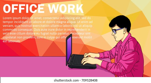 Working Day of programmer. Programmer using Laptop  and Sitting at Desk. Banner Vector Illustration of programmer with laptop