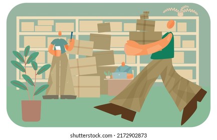 Día laborable en un pequeño almacén. Gente contando y llevando cajas y trabajando con datos. Estilo de dibujos animados vectores.