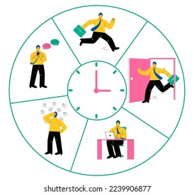 Working Day. Stopwatch with Daily Tasks. Flat vector illustration isolated on white background
