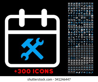 Working Day vector icon with additional 300 date and time management pictograms. Style is bicolor flat symbols, blue and white colors, rounded angles, black background.