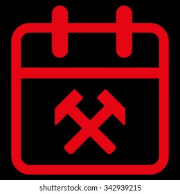 Working Day vector icon. Style is flat symbol, red color, rounded angles, black background.