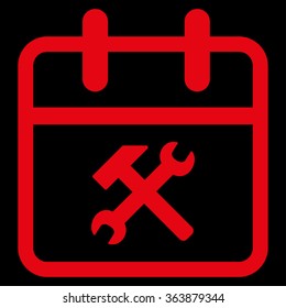 Working Day vector icon. Style is flat symbol, red color, rounded angles, black background.