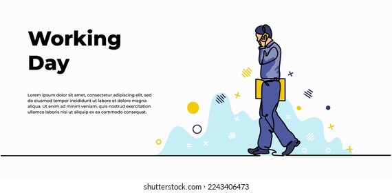 Banner web del día de trabajo. Ilustración vectorial de hombres caminando con documentos buscando una vacante de trabajo. Moderno y plano en línea continua.