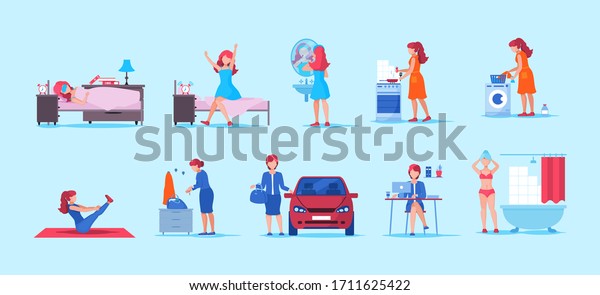 Working day woman. Woman, office worker,\
housewife everyday life. Sleeping, brush your teeth, doing\
gymnastics, cooking kitchen, home cleaning, go to work, office\
worker vector cartoon\
illustration