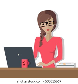 Working day. Woman planning her work for a week. Girl working with computer writing a plan of her actions. Part of series of daily routine of the week. Working hours, schedule. Vector illustration.